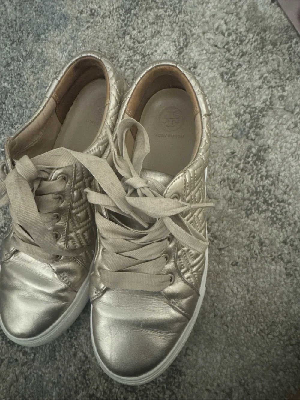 Tory Burch Metallic rose Gold Quilted Lace-Up Sneakers